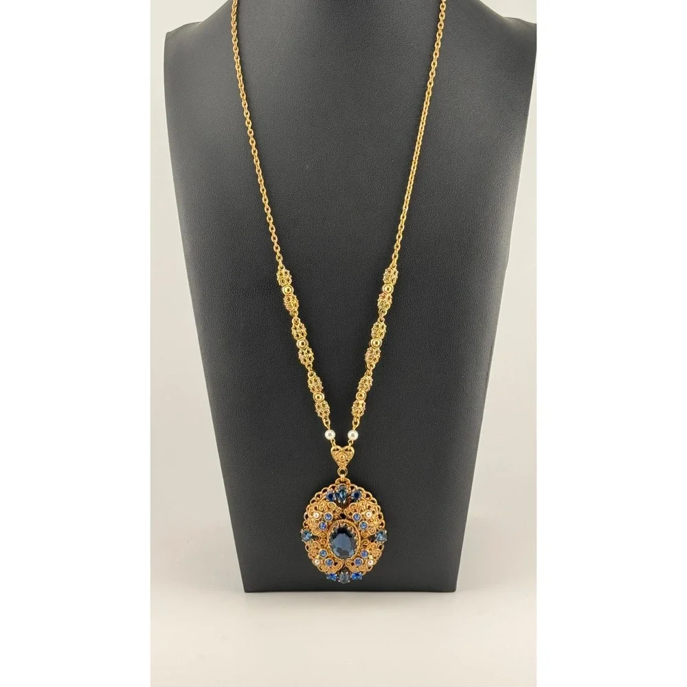 Vintage West Germany Blue Rhinestone Filigree Pendant Necklace 24.5